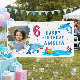 Cute Dolphin Sea Animals Photo Birthday Party Banner