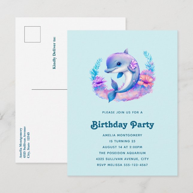 Cute Dolphin Sea Creature Birthday Invitation Postcard (Front/Back)
