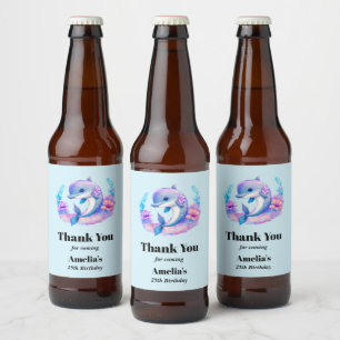 Cute Dolphin Sea Creature Birthday Thank You Beer Bottle Label