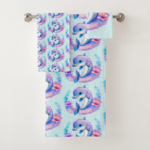 Cute Dolphin Sea Creature Pattern Bath Towel Set