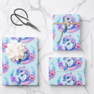 Cute Dolphin Sea Creature Pattern Wrapping Paper Sheet