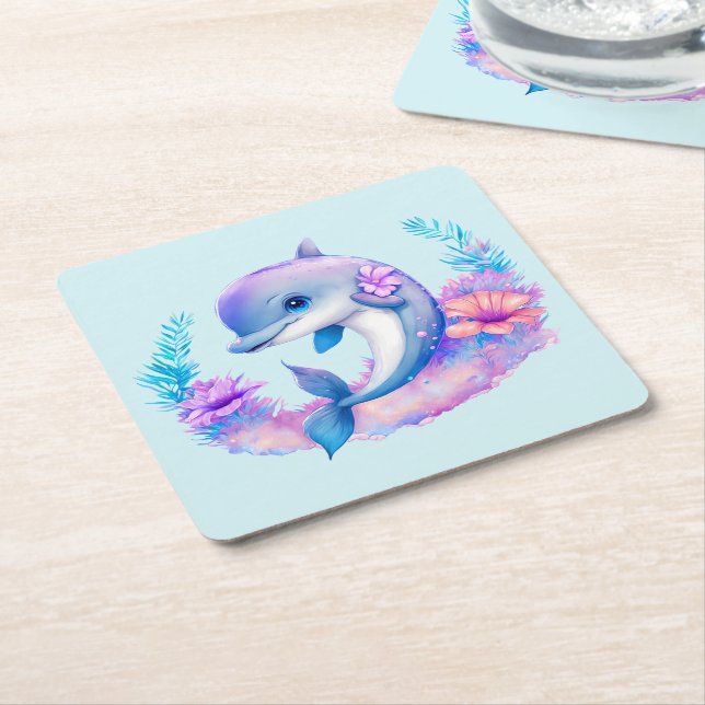Cute Dolphin Sea Creature Square Paper Coaster (Angled)