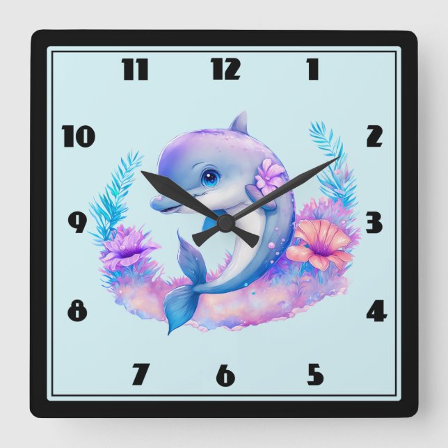 Cute Dolphin Sea Creature Square Wall Clock (Front)