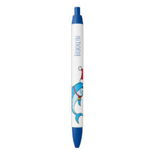 Cute dolphin with Santa hat cartoon Black Ink Pen