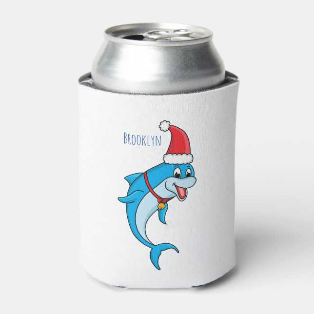 Cute dolphin with Santa hat cartoon Can Cooler (Can Front)