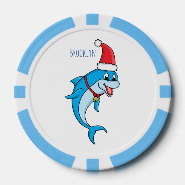 Cute dolphin with Santa hat cartoon Poker Chips (Front)