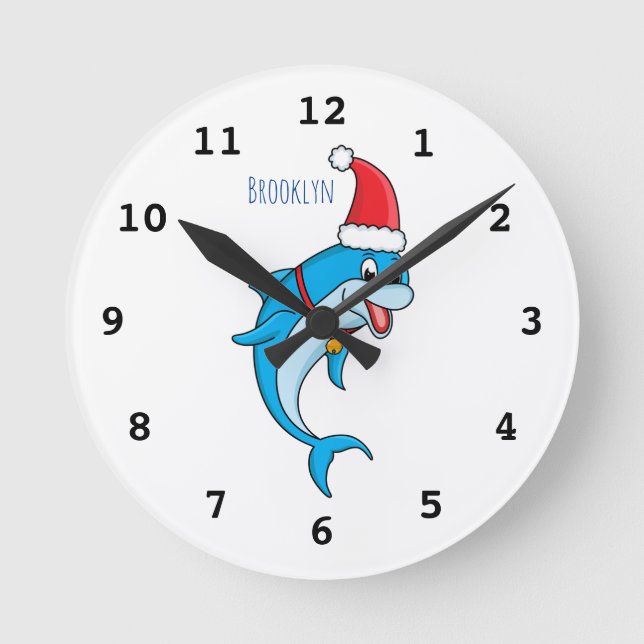 Cute dolphin with Santa hat cartoon Round Clock (Front)
