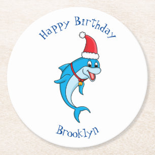 Cute dolphin with Santa hat cartoon Round Paper Coaster