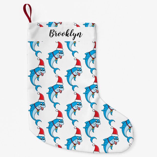 Cute dolphin with Santa hat cartoon Small Christmas Stocking (Front)
