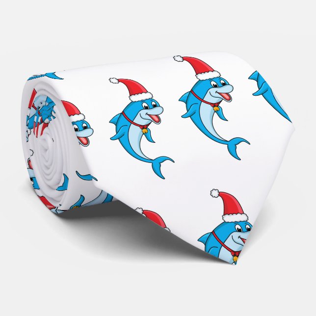 Cute dolphin with Santa hat cartoon Tie (Rolled)