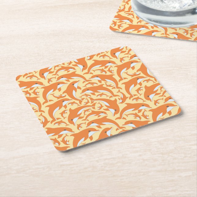 Cute Dolphins Square Paper Coaster (Angled)
