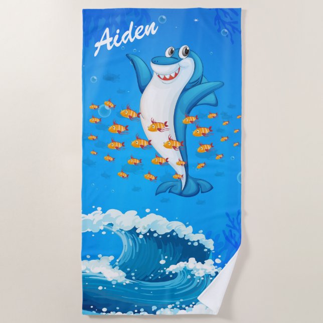 Cute Dolphins Waves and Fish Beach Towel (Front)