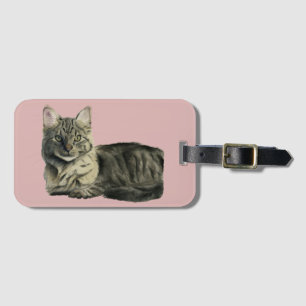 Cute Domestic Medium Hair Cat Watercolor Luggage Tag