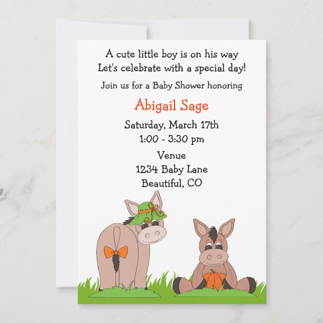 Cute Donkey Baby Shower Invitation for Boys (Front)