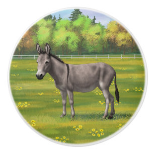 Cute Donkey Grey Burro In Pasture Ceramic Knob