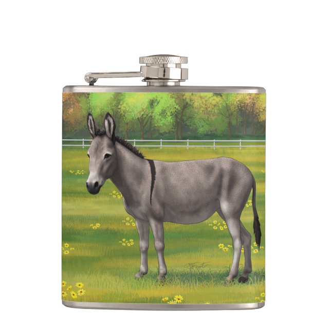 Cute Donkey Grey Burro In Pasture Hip Flask (Front)