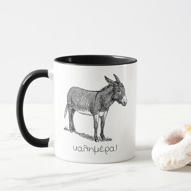 Cute Donkey & 'Kalimera' (good morning) in Greek Mug (With Donut)