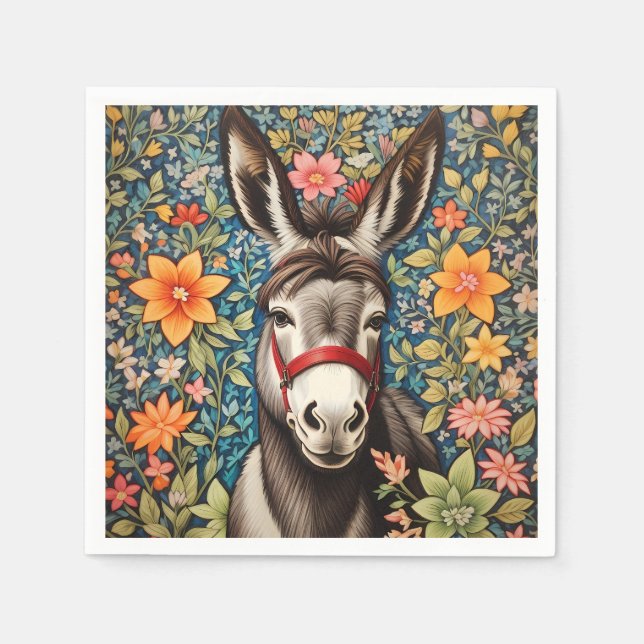 Cute Donkey On Colorful Floral Background Napkin (Front)
