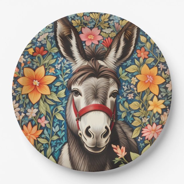 Cute Donkey On Colorful Floral Background Paper Plate (Front)