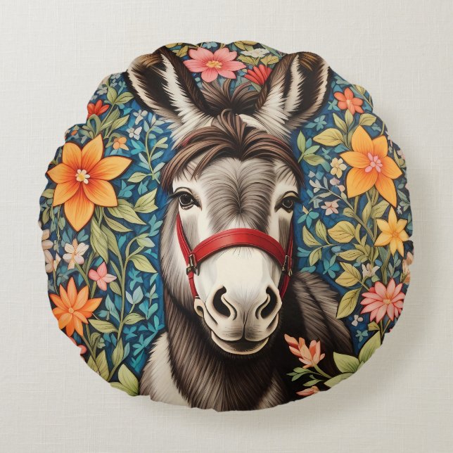 Cute Donkey On Colorful Floral Background Round Cushion (Front)