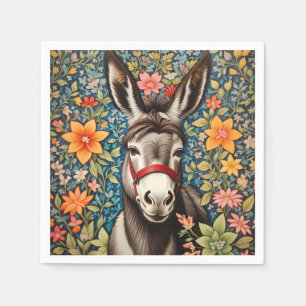 Cute Donkey On Colourful Floral Background Napkin
