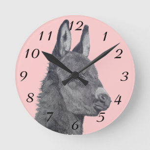 Cute donkey pencil drawing monochrome realist art round clock