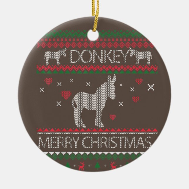 Cute Donkey Ugly Sweater Christmas Holiday Winter Ceramic Ornament (Front)