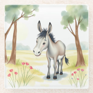 Cute Donkey Watercolor Spring Glass Coaster