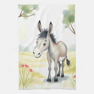Cute Donkey Watercolor Spring Tea Towel