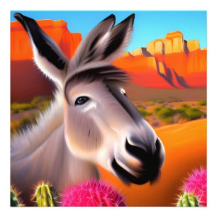 Cute Donkey with flowering cactus  Photo Print