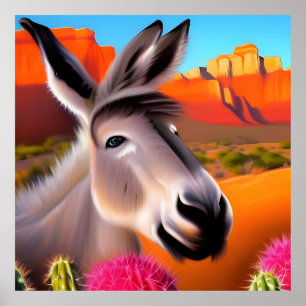 Cute Donkey with flowering cactus   Poster