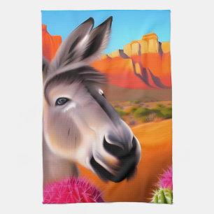 Cute Donkey with flowering cactus Tea Towel