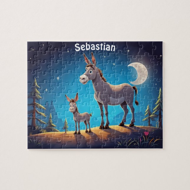 Cute Donkeys at the Night Personalised  Jigsaw Puzzle (Horizontal)