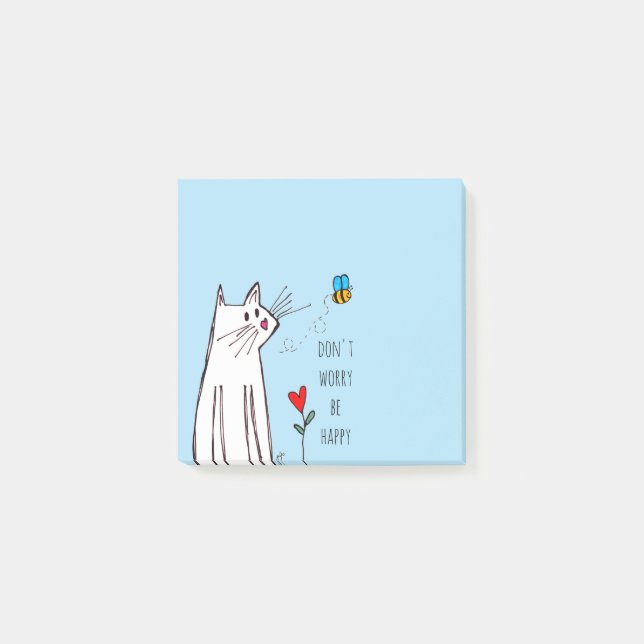 Cute Don't Worry Be Happy Cat and Bee Post-it Notes (Front)