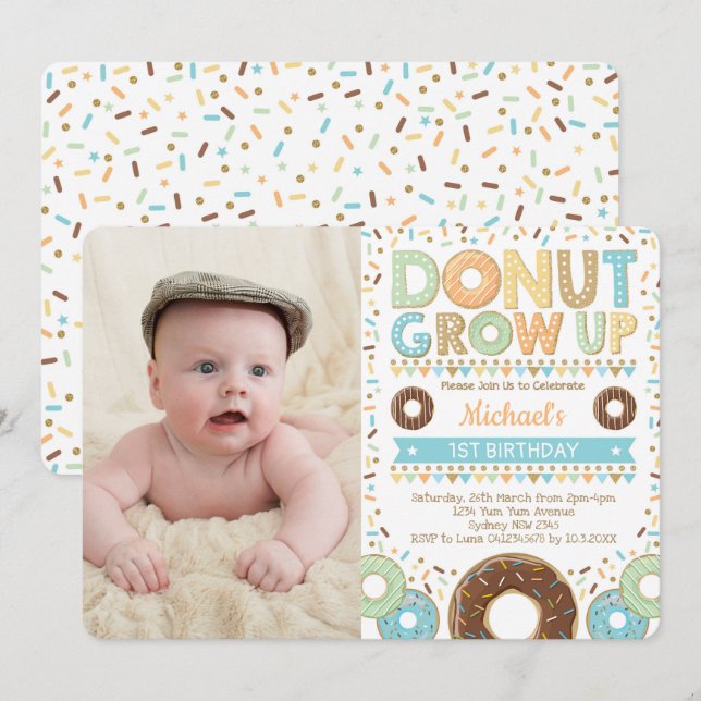 Cute Donut 1st Birthday Doughnut Sprinkles Boy Invitation (Front/Back)