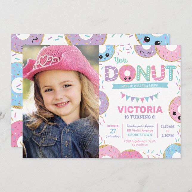 Cute Donuts Doughnut Birthday Party Photo Invitation (Front/Back)