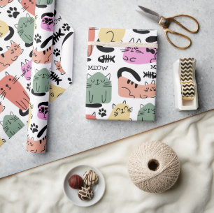 Cute Doodle Cats And Paw Prints Wrapping Paper
