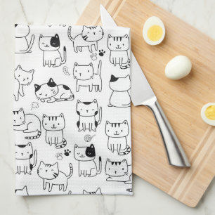 Cute Doodle Cats Pattern Tea Towel