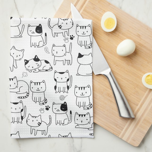 Cute Doodle Cats Pattern Tea Towel (Quarter Fold)