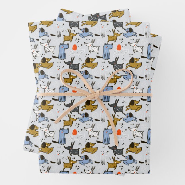 Cute Doodle Dog Pattern Wrapping Paper Sheet (In situ)