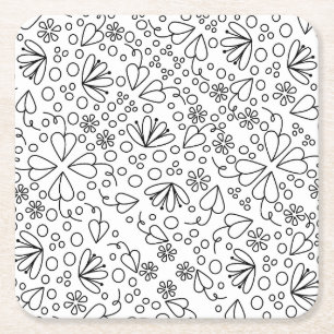 Cute doodle flowers and leaves, black and white square paper coaster