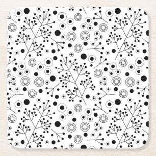 Cute doodle flowers and leaves, black and white square paper coaster