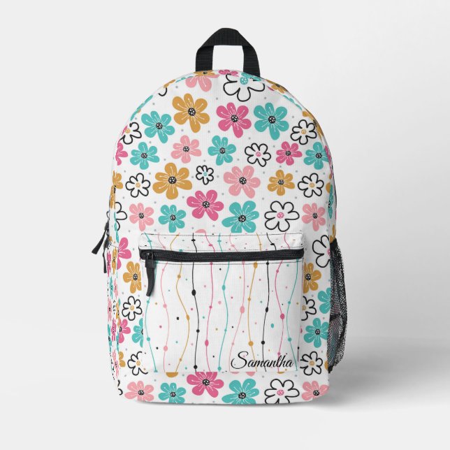 Cute Doodle Flowers Printed Backpack (Front)