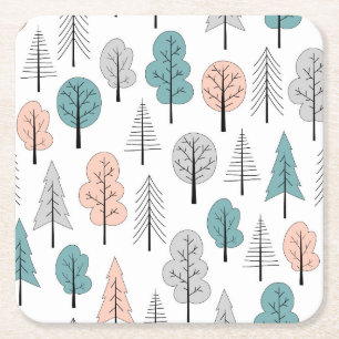 Cute Doodle Forest Pattern Square Paper Coaster