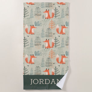Cute Doodle Fox Forest Woodland Pattern Beach Towel