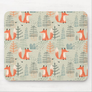Cute Doodle Fox Forest Woodland Pattern Mouse Pad