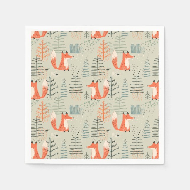 Cute Doodle Fox Forest Woodland Pattern Napkin (Front)