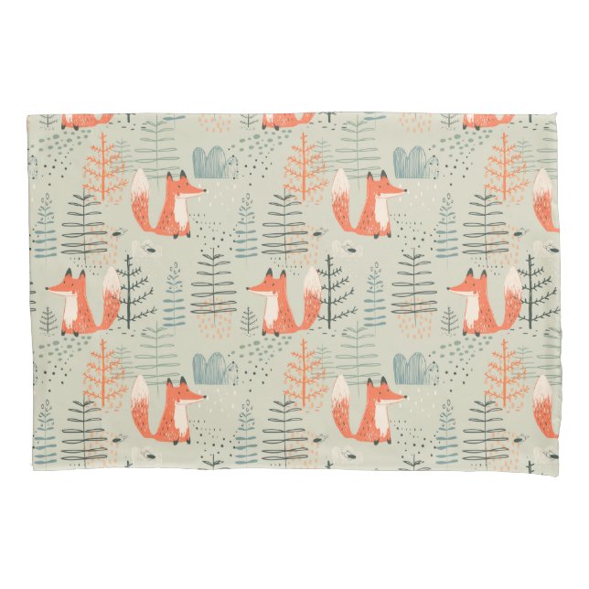 Cute Doodle Fox Forest Woodland Pattern Pillowcase (Front)