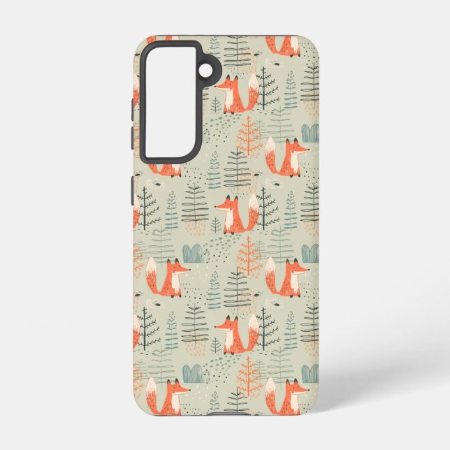 Cute Doodle Fox Forest Woodland Pattern Samsung Galaxy S21 Case (Back)