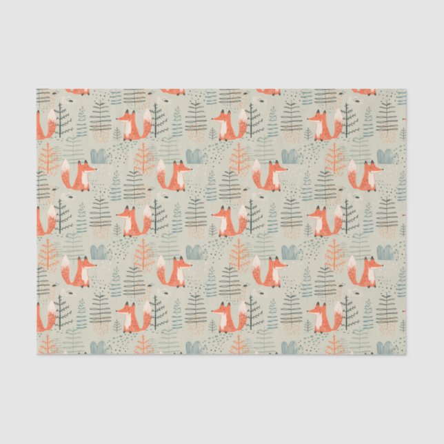 Cute Doodle Fox Forest Woodland Pattern Tissue Paper (Front)